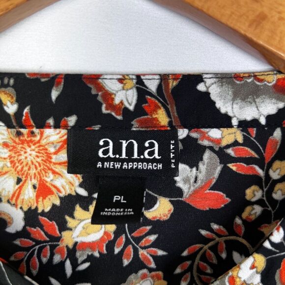 ANA Bold Black Maximal Floral Tie Neck Long Sleeve Peasant Boho Blouse Size PL - Picture 10 of 11